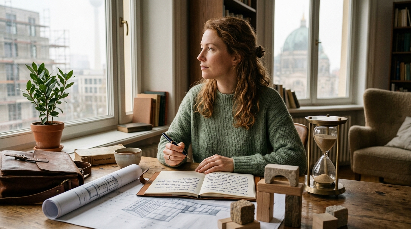 Mulher contemplando pela janela em frente a uma mesa com cadernos de reflexão, ampulheta e projetos, simbolizando a construção ativa do futuro